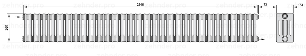 Схема (чертеж) Радиатор Zehnder Charleston 5026/51 №1670 Белый глянцевый RAL 9016